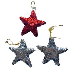 Vintage Sequin Star Christmas Ornaments Set Of 3 Silver Red 3 inches